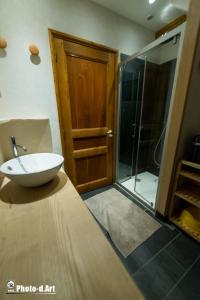 een badkamer met een wastafel en een glazen douche bij Maison écologique pleine montagne (eco-gite gavarnie) in Gèdre