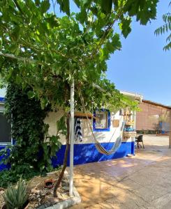 a tree in front of a blue and white house at Casa Rural La Higuera in Ruidera