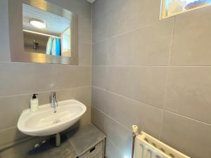 un baño con lavabo y espejo en Op 't Landtweg 37a, en Callantsoog 4 fotos más