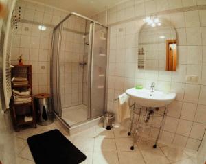 La salle de bains est pourvue d'une douche et d'un lavabo. dans l'établissement Appartement Gern, à Alpendorf