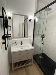 a bathroom with a sink and a shower at Suites Mana - Bleu Pacifique - Vue sur Place Ducale avec Parking privé inclus in Charleville-Mézières