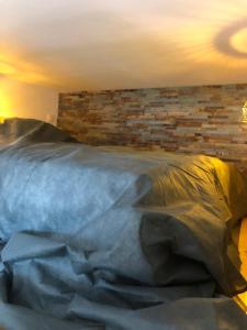 a bedroom with a bed with a brick wall at appartement 8 couchages au lioran rando vtt ski in Le Lioran