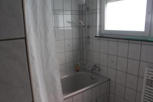 a bathroom with a tub and a shower with a window at Ferienwohnung Felgenwald in Michelstadt