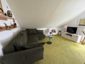 uma sala de estar com um sofá e uma televisão em Pension Neue Messe em Rackwitz