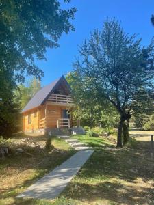 ein Blockhaus mit einem Pfad davor in der Unterkunft Tilia Cottage Banjska stena in Mitrovac