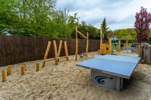 un parque infantil con una mesa azul en la arena en Europarcs Koningshof, en Schoorl