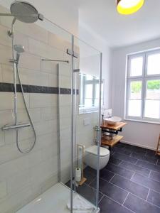 a bathroom with a shower and a toilet at Villa Boberg Apartments in Ostseebad Koserow