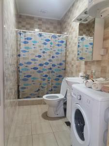 een badkamer met een toilet en een wasmachine bij Ristevski Apartment in Bitola