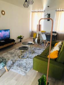 sala de estar con sofá verde y mesa en LE DUPLEX ESTHER WIFI PARKING GRATUIT TOUTE LA RUE Pour 5 PERSONNES, en Sedan