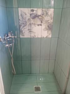 a shower with a glass door with a flower pattern at SeeTheSea Apartment Kanali in Kanali +31 photos
