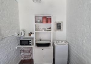 una pequeña cocina con microondas y fregadero en Rietjiesbos Self Catering, en Graaff-Reinet