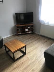 salon ze stolikiem kawowym i telewizorem z płaskim ekranem w obiekcie Uroczy apartament w kurorcie w Kudowie Zdroju