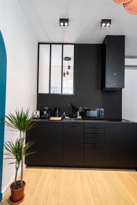 馬賽的住宿－Noa : Joli studio cosy avec chambre，厨房配有黑色橱柜和盆栽植物