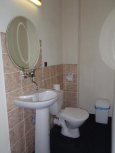 a bathroom with a sink and a toilet and a mirror at Pension a restaurace Kůlna in Chomutov