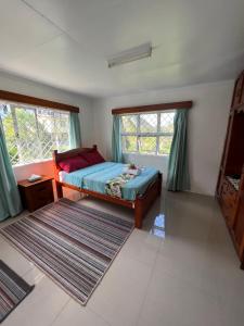 a bedroom with a bed and two windows and a rug at Hill Bottom Accommodation in Suva
