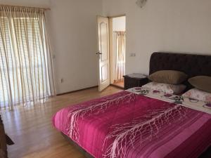 a bedroom with a large bed with a pink blanket at Apartmani Dević Šušanj in Bar
