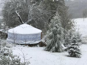 a snow covered yurt in a yard with a tree at Eco Yourte Les Airelles in Saint-Anthème