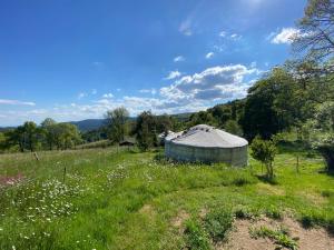 a dome in a field of grass with flowers at Eco Yourte Les Airelles in Saint-Anthème