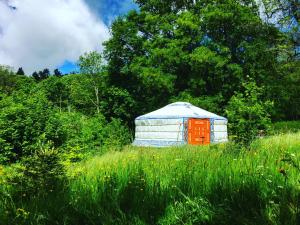 an out house in the middle of a field at Eco Yourte Les Airelles in Saint-Anthème