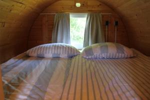 2 almohadas en una cama en una habitación con ventana en Schlaffässer Teichwiesenhof en Oldenburg in Holstein