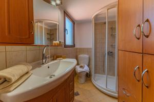 a bathroom with a sink and a shower at Villa Areti - Traditional Cozy Villa in Embrósneros +27 photos