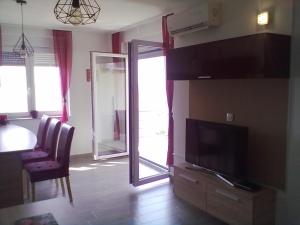 uma sala de estar com uma televisão de ecrã plano e uma porta em Apartman Mihalj Zadar-Rtina Miletici em Rtina