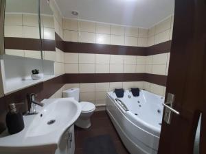 a bathroom with a tub and a toilet and a sink at Serbeca in Broşteni +16 photos