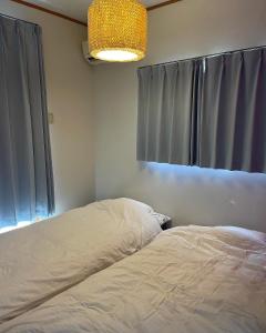 a bedroom with a bed and a chandelier at 貸し切り別荘　FRIENDS in Amakusa