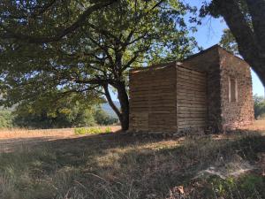 ein altes Backsteingebäude auf einem Feld mit einem Baum in der Unterkunft Cabanon du berger in Saignon