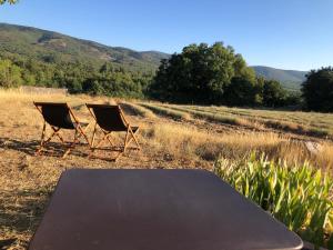 zwei Stühle neben einem Tisch auf einem Feld in der Unterkunft Cabanon du berger in Saignon