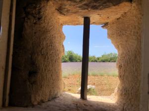 a window in a building with a field in the background at Cabanon du berger in Saignon