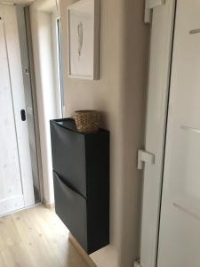 einen schwarzen Kühlschrank in einem Zimmer mit Tür in der Unterkunft TINY LIEBE Ostsee Neu Farpen in Neuburg