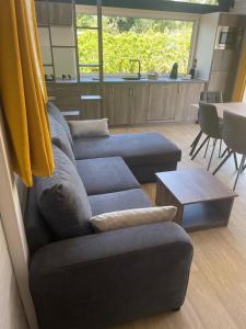 a living room with two blue couches and a table at Chalets Eureka & Bloemenduin Koksijde in Koksijde