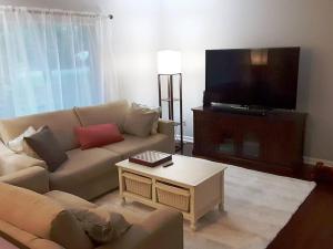 a living room with a couch and a flat screen tv at Mountain Gem in McGaheysville