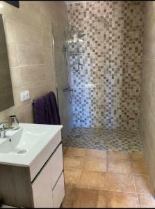 La salle de bains est pourvue d'une douche et d'un lavabo. dans l'établissement Winter Wonderland, à Puerto de Santiago
