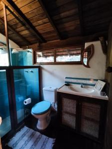 阿尤魯奧卡的住宿－Chalé Candeia no Matutu，浴室配有卫生间、盥洗盆和淋浴。