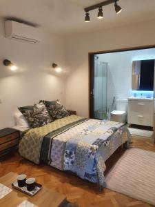 a bedroom with a bed and a bathroom with a shower at Luxe studio près de CDG & Paris& Parc d'exposition in Aulnay-sous-Bois +9 photos