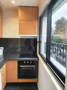 a kitchen with a stove and a window at Luxe studio près de CDG & Paris& Parc d'exposition in Aulnay-sous-Bois