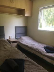 Duas camas num pequeno quarto com uma janela em Holender nad Saskiem em Kobyłocha