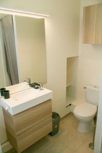 a bathroom with a sink and a toilet and a mirror at Relais du 21 in Saint-Germain-en-Laye