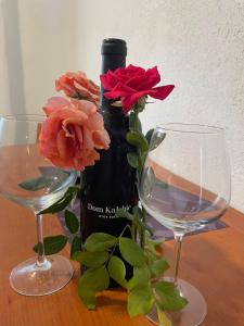 una bottiglia di vino e due bicchieri su un tavolo con fiori di Villa Ivan a Nečujam