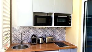 una cucina con lavandino, forno a microonde e bancone di Flamboyant de la Baie a La Trinité