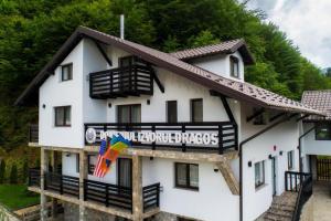 un edificio blanco con un cartel. en Hotel Ivascu, en Moisei