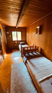 three beds in a room with wooden walls at Rest House Korana in Karlovac