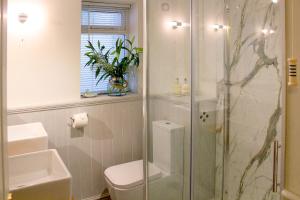a bathroom with a shower and a toilet and a sink at Beautiful Seaside one bedroom apartment in Shaldon