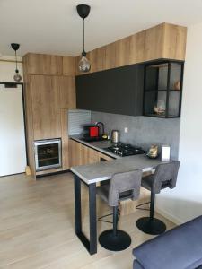 kuchnia ze stołem z 2 krzesłami i kuchenką w obiekcie Apartment Burro 88 w mieście Zadar