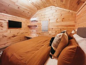 a bedroom with a bed in a wooden wall at Cabin 5 One Bedroom W Kitchen in Hartwell