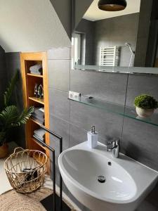 La salle de bains est pourvue d'un lavabo blanc et d'un miroir. dans l'établissement Haus Frida, à Barth