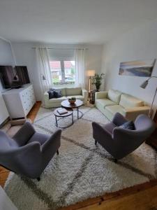 a living room with two couches and a rug at Haus Frida in Barth