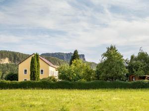 a house in the middle of a field with trees at Hinterland Hostel in Rathen